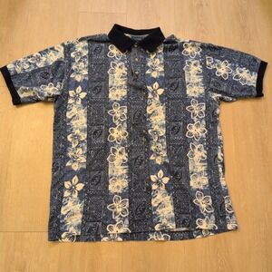 VTG Maxx Hawaiian Polo Shirt Men's‎ Medium Ocean Hibiscus flower Stripe Blue